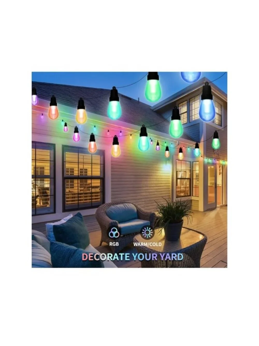 Outdoor String Lights 50FT- 20 RGBW LED Bulbs Dimmable & Waterproof App & Remote